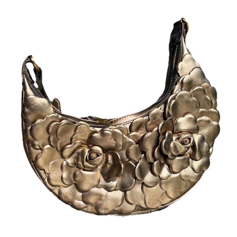 Patricia Nash Coley Gold Leather Crescent Hobo Shoulder Bag Floral Rose Applique